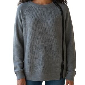 VINCE‎ Gray Wool Waffle Knit Crew Neck Sweater Leather Detail Zipper Size S